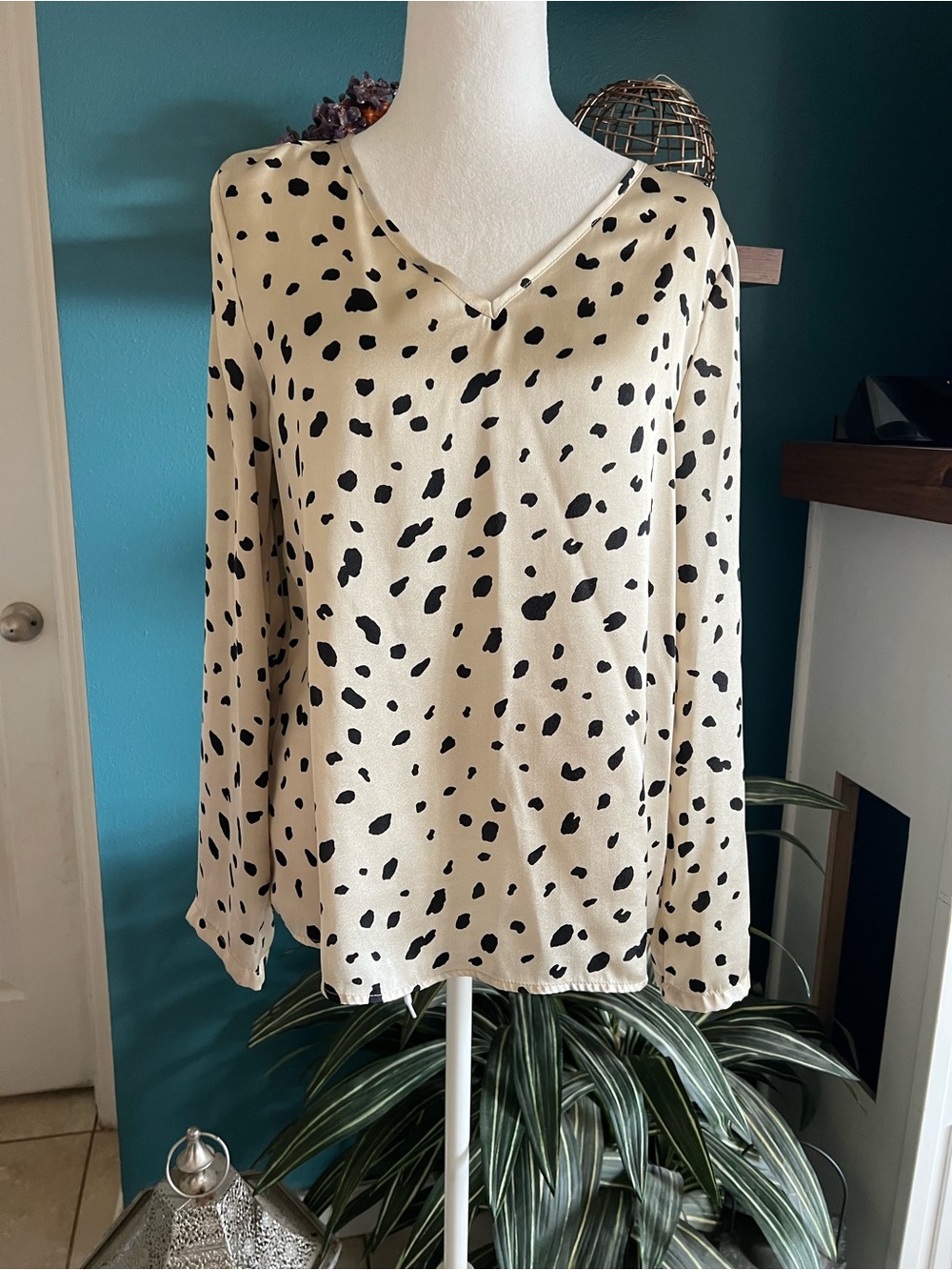 SHEIN Cream V-Neck Blouse with Black Spot Print